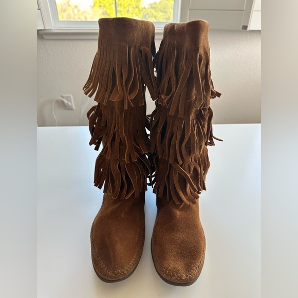 Minnetonka 3 layer fringe Bohemian Boho Leather Suede Boots Size 10 - Picture 4 of 11